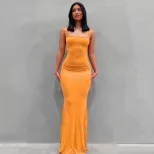 Womens Solid Color Bodycon Maxi Dress Spaghetti Straps Mermaid Hem Peach Butt Lift Elegant Eveni