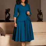Plus Size Womens Dress Autumn Fashion Solid Color Three Quarter Sleeve Suit Collar Flared Skirt
