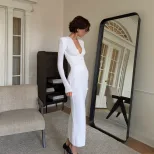 Elegant V Neck Maxi Dress Slim Fit Solid Color Fashionable Design Ideal for Parties and Events W