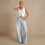 Summer Womens Crop Top Simple V Neck Sleeveless Slim Fit Polyester Casual Wear for Everyday Use