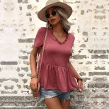 Casual V Neck Loose Fit T Shirt Summer Style Solid Color Short Sleeve Wholesale Available custom