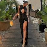 Fashionable Womens Bodycon Dress Hollow Lace Patchwork High Slit Sexy Design Spring Summer Colle