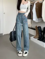 直筒阔腿牛仔裤女2023早春新款学生高腰显瘦宽松小个子直筒长裤潮