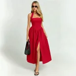 Vintage French Style Halter Neck Tie Dress Backless Waist Cinching Flared Hem High Slit Perfect