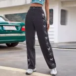 Vintage Gradient Butterfly Embroidery Denim Pants Womens Casual Style Versatile Fit Suitable for