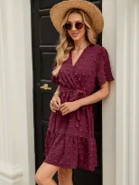 V Neck Ruffled Sleeve Dress Waist Tie Pom Detail Elegant Style Perfect for Parties and Events Re