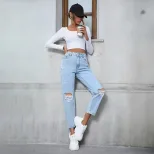 Womens Casual Loose Straight Leg Ripped Denim Jeans European and American Style Perfect for Ever