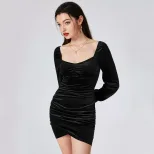 A Line Velvet Dress Square Neck Long Puff Sleeves Elegant Design Perfect for Parties and Special