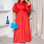 Fashionable Summer Long Dress Loose Fit Belted Single Breasted Flared Sleeves Perfect for Casual