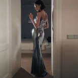 Metallic Silver Backless Mermaid Dress Sexy Sleeveless Liquid Fabric Elegant Evening Gown Wholes
