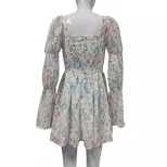 French Vintage Floral Puff Sleeve Dress Square Neck Autumn Collection Elegant Style Wholesale Av