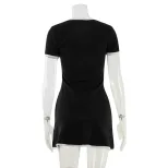Fashion Womens Dress Round Neck Short Sleeve Color Block Slim Fit Ruffled Hem Casual Summer Wear