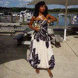 Color Block A Line Dress Black and White Print Off Shoulder Neckline Casual Style Wholesale Avai