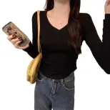 Womens Long Sleeve T Shirt Slim Fit Ruched Design Versatile Casual Top for Autumn Winter