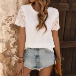 Lace Short Sleeve T Shirt Simple Design Hollow Out White Color Summer Vacation Wear Wholesale Av