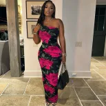 Sleeveless Asymmetrical Shoulder Dress Fashionable Floral Print Bodycon Fit Mid Length Casual Pa