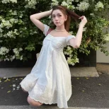 Womens Summer Dress Sweetheart Neckline Puff Sleeves Loose Fit Solid Color low MOQ