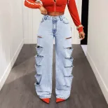 Wide Leg Denim Jeans Fashionable Loose Fit Hollow Out Design Versatile Style Casual Wear for Wom