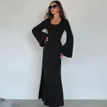 Fashionable Loose Fit U Neck Long Sleeve Dress Back Tie Design Autumn Collection Wholesale Avail