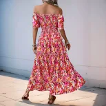 Bohemian Floral Print Dress Off Shoulder Puff Sleeves Elegant Design Perfect for Summer Events W