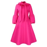 Fashionable High Waisted Lantern Sleeve Dress Plus Size Bow Tie Flared Skirt Spring Summer Occas