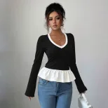 Color Block Long Sleeve T Shirt Slim Fit Lace Detail Round Neck Spring Summer Casual Wear Wholes