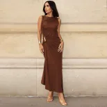 Sleeveless Bodycon Dress Solid Color Metallic Accents Side Slit Autumn Fashion for Women Wholesa