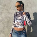 Womens High Waisted Cropped T Shirt Sexy Sheer Mesh Round Neck Long Sleeve Face Print Casual Wea