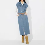 Denim Dress Single Breasted Lapel Collar Fashionable Style Casual Wear for Women Ready to Ship