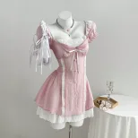 Mini Dress Color Block Puff Sleeves Bow Tie Detail Waist Cinching Casual Wear for Women Ready to