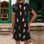 Summer Floral Print Dress Lace Panel Feather Design Straight Silhouette Casual Wear for Women Wh
