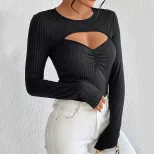 Slim Fit Long Sleeve Knit Top Sexy Hollow Design Ribbed Fabric Autumn Winter Style Wholesale Ava