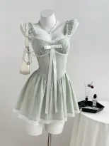 Lace Trim Bow Tie Mini Dress Womens Sleeveless Elegant Design Perfect for Parties Ready to Ship