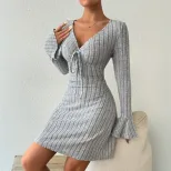 Elegant Gray Flared Sleeve Dress Slim Fit Short Length Minimalist Style Spring Summer Collection