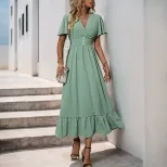 Summer Ruffle Hem Maxi Dress V Neck Fresh Green Elegant Design Perfect for Casual Outings Wholes