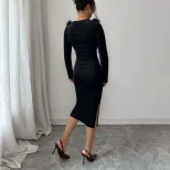 Black Plush Collar Long Dress for Women Slim Fit Side Split Elegant Style Perfect for Spring Sum