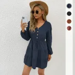 Casual Long Sleeve Dress Solid Color Slim Fit Pleated Design Autumn Winter Fashion Wholesale Ava