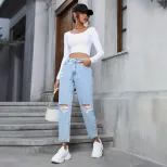 Womens Casual Loose Straight Leg Ripped Denim Jeans European and American Style Perfect for Ever