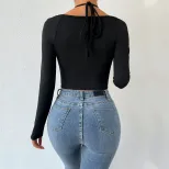 Womens Knit Long Sleeve Top Sexy Hollow Out Lace Up Design Slim Fit Autumn Winter Fashion Wholes