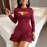 Slim Fit Long Sleeve Dress Ruffled Hem Hollow Out Design Elegant Style Perfect for Parties and S