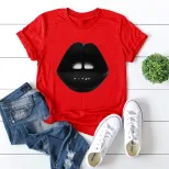 Plus Size Womens Black Short Sleeve T Shirt Lips Print Round Neck Fitted Style Casual Wear Whole