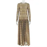 Vintage A Line Dress Breathable Mesh Floral Print Long Sleeve Slim Fit Casual Wear for Spring an