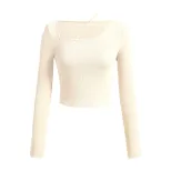 Womens Fitted Long Sleeve Knit T Shirt Asymmetrical Neckline Spring Summer Style Versatile Layer