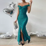 Off Shoulder Ruched Mermaid Dress Slim Fit High Slit Elegant Evening Gown Perfect for Formal Eve