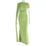 Elegant Womens Midi Dress Slim Fit Ruffled Asymmetrical Neckline Solid Color Tie Detail Perfect