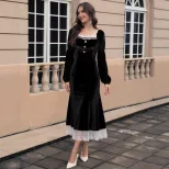 French Velvet Long Dress Black Elegant Waist Defined Autumn Winter Fashion Wholesale Available