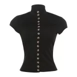 Womens Summer High Neck Button Detail Hollow Out Top Slim Fit Short Sleeve Solid Color Casual We