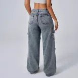 Wide Leg Denim Trousers Distressed Hem Patchwork Design Loose Fit Casual Wear for Women Wholesal
