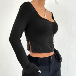 Slim Fit Long Sleeve T Shirt V Neck Side Slit Sexy Design Autumn Winter Womens Fashion Wholesale