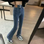 欧洲站开叉牛仔裤女2022秋冬新款韩版高腰显瘦百搭拖地直筒喇叭裤